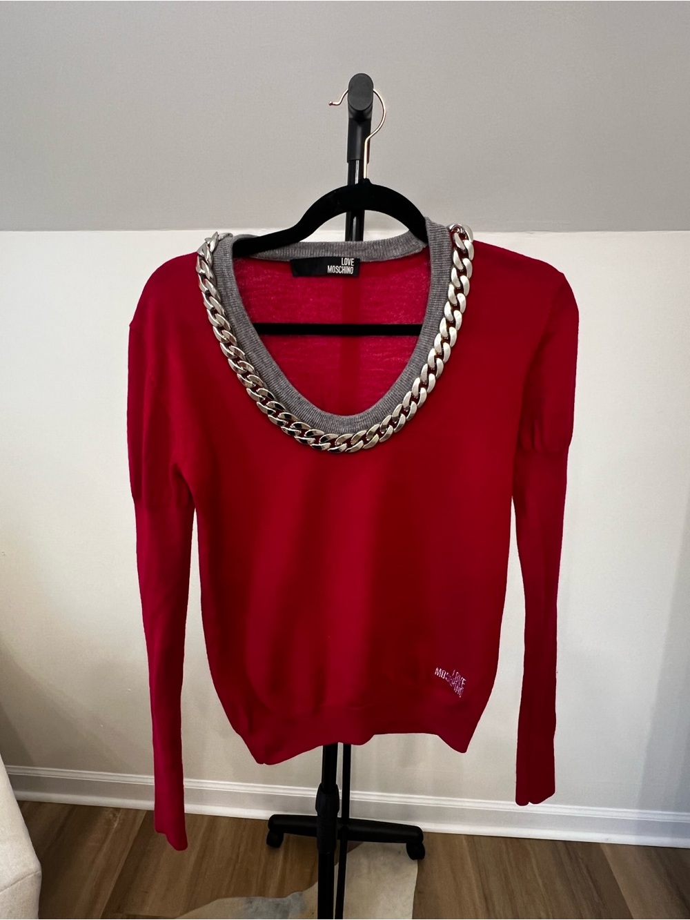 Moschino Red Crewneck Sweater with Silver Chain Trim